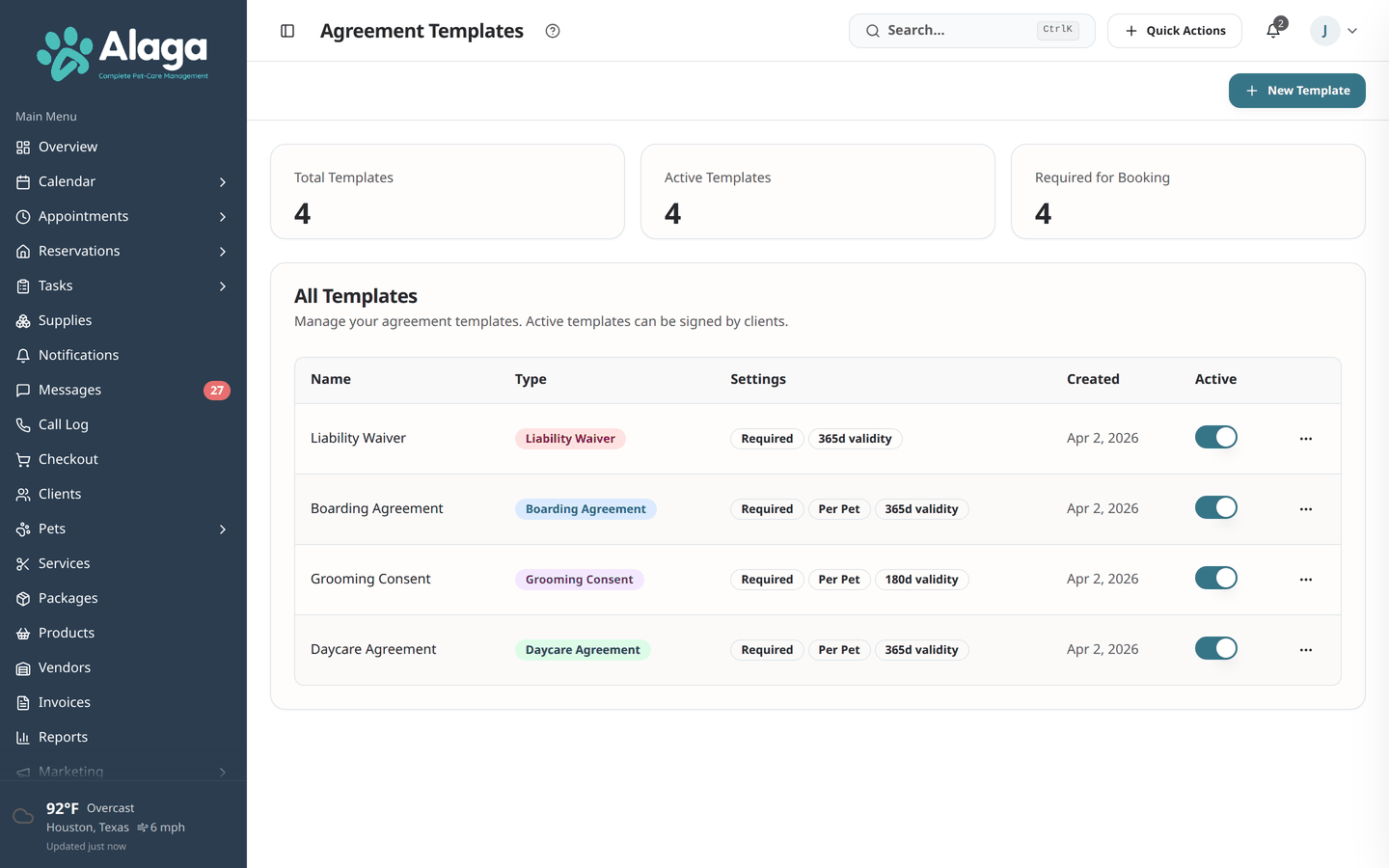 Alaga agreements page showing digital waiver management