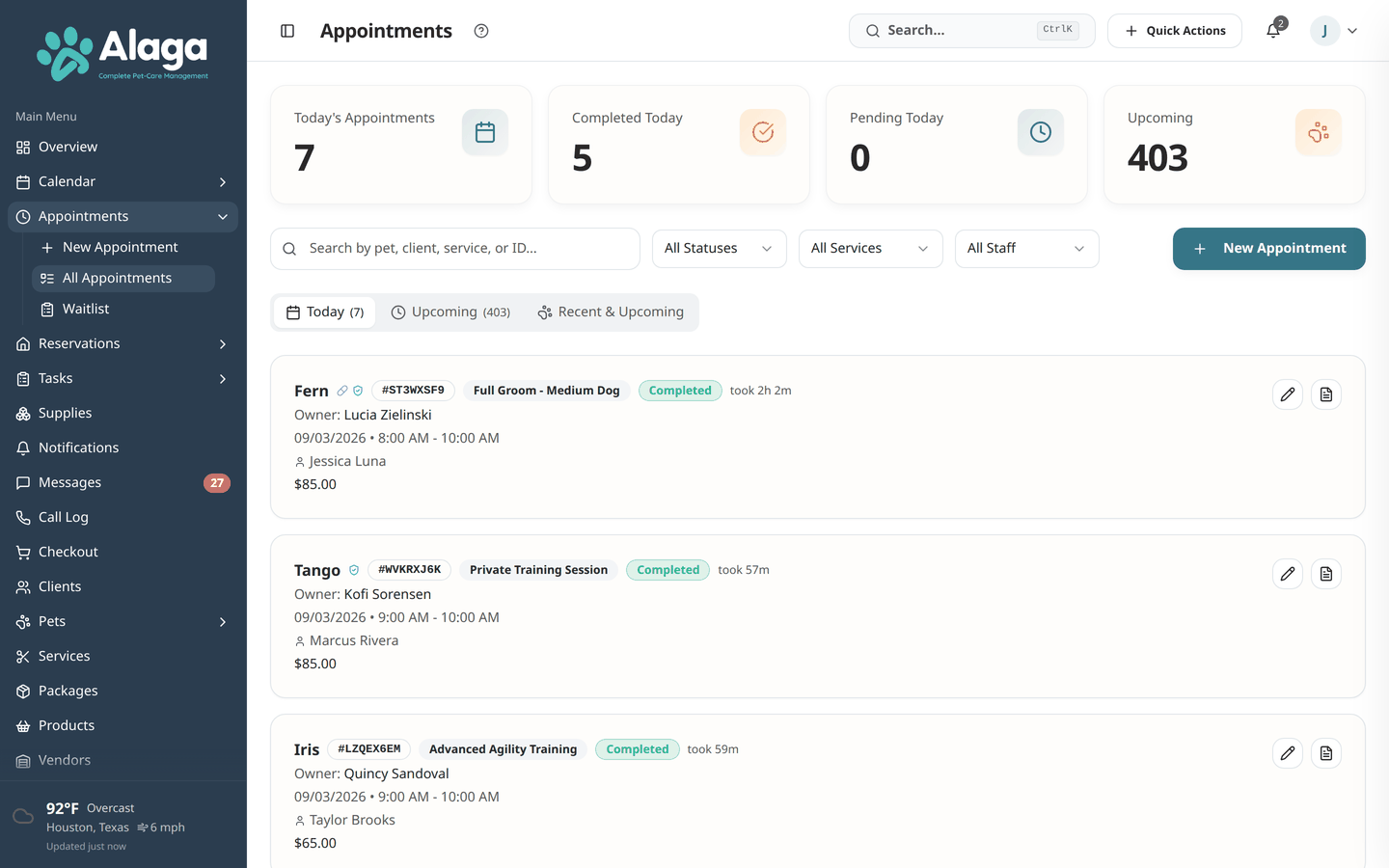 Alaga appointments page showing today's grooming appointments with status tracking