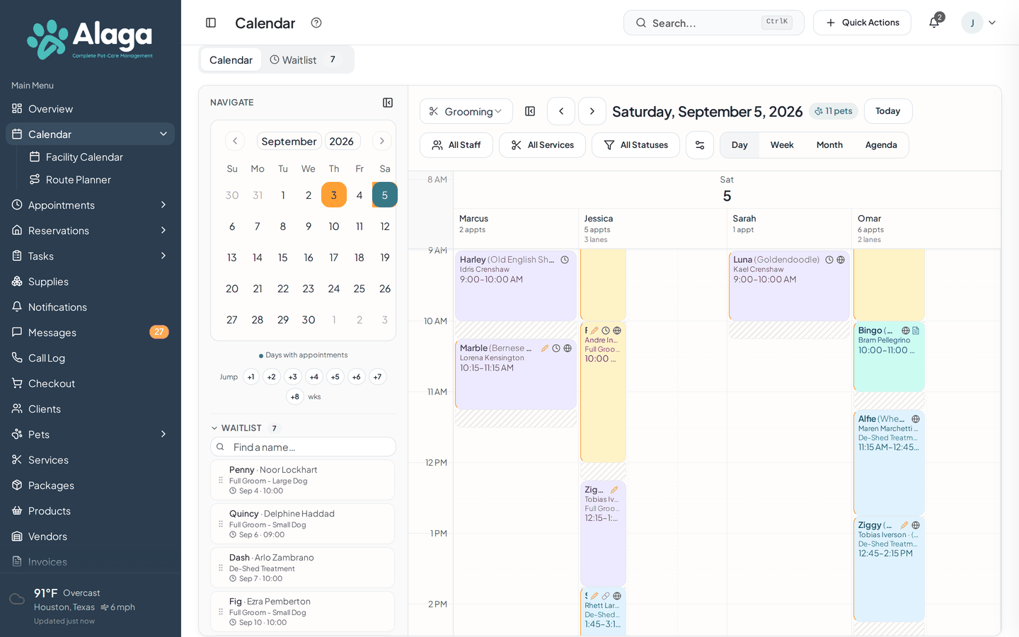 Alaga calendar showing per-staff grooming schedule view