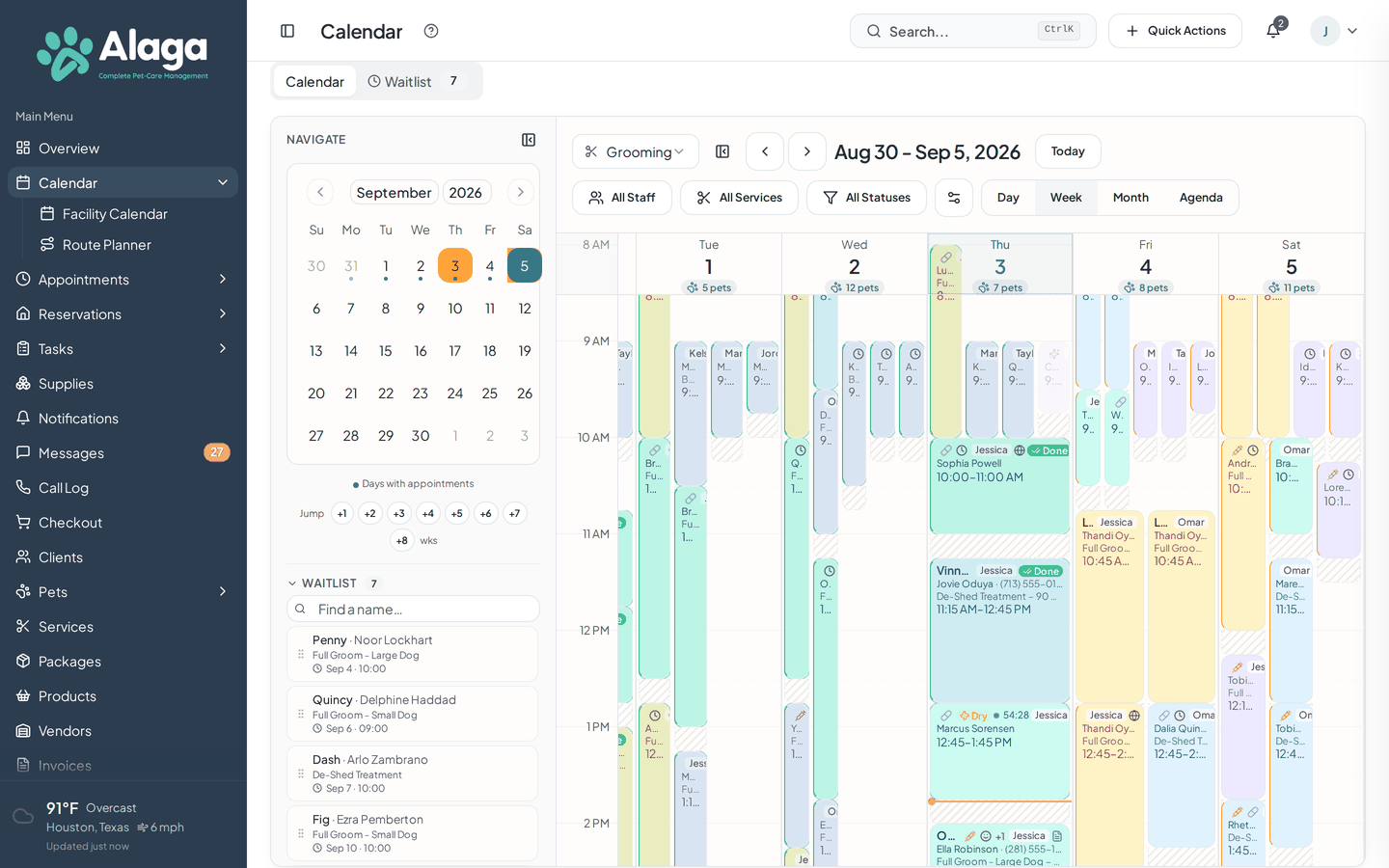 Alaga calendar week view showing appointments spread across multiple days