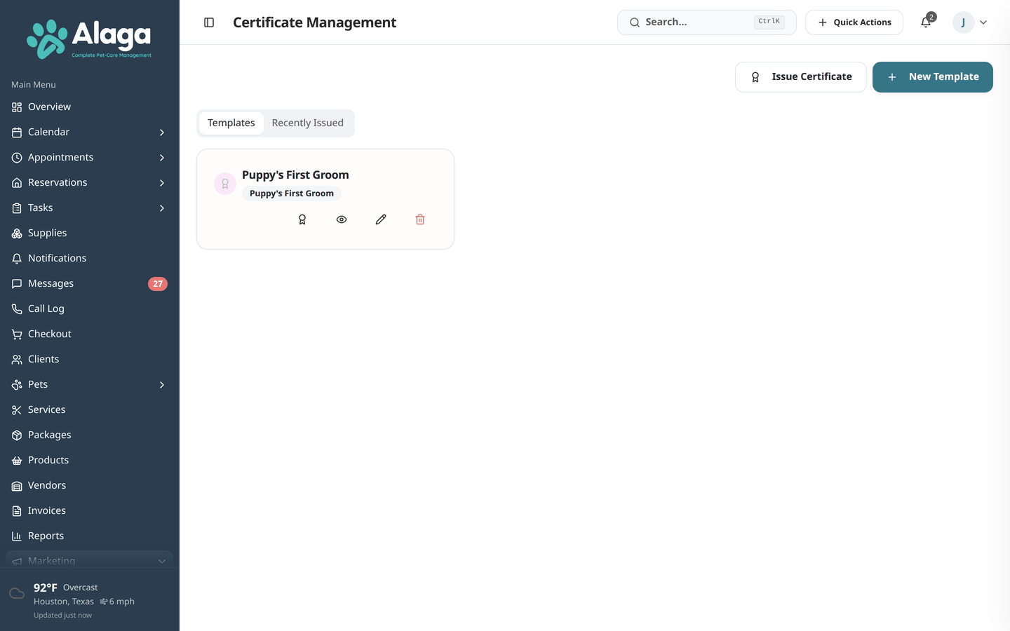 Alaga screens for Payments & Invoicing, Customer Portal, Printable Certificates