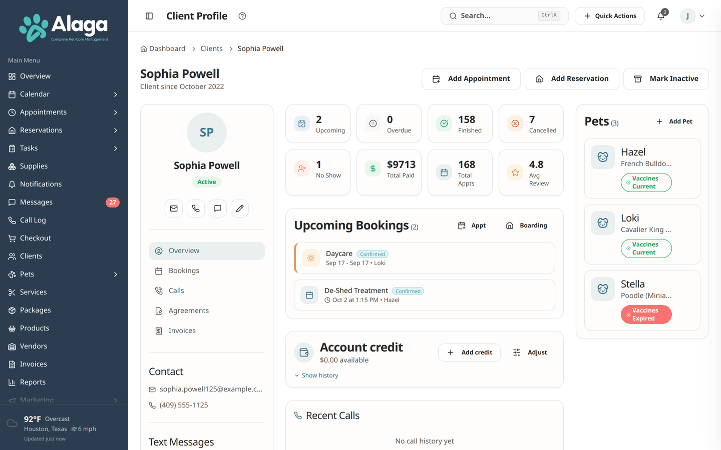 Alaga client profile with metric cards, linked pets, and upcoming appointments