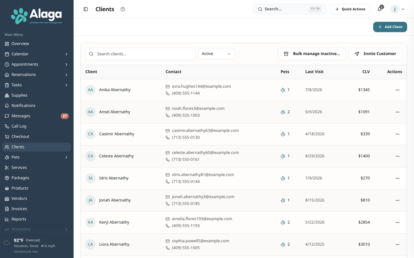 Alaga client list with side drawer showing client metrics, pets, and contact info