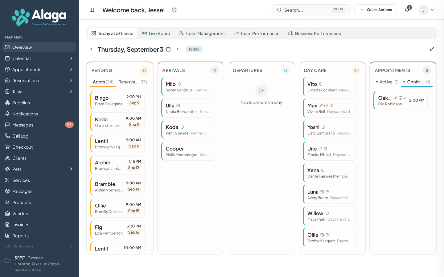 Alaga dashboard showing today's appointments, boarding arrivals, daycare, and client management