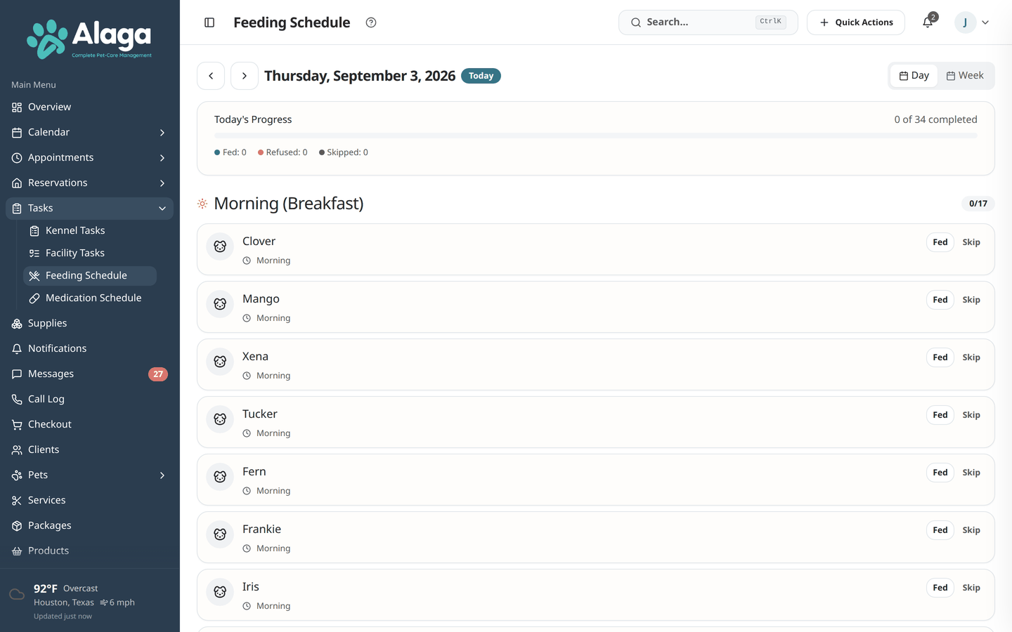 Alaga feeding schedule showing organized meal times for boarded pets