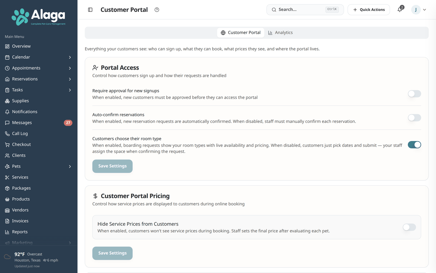 Alaga integrations page showing customer portal settings and analytics configuration