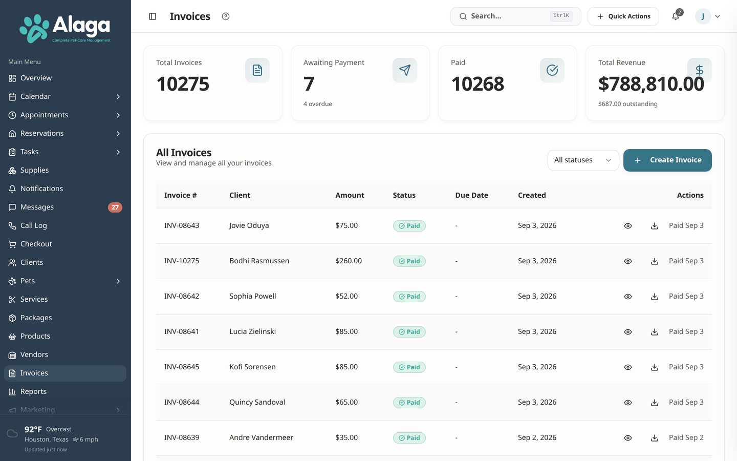 Alaga invoices page with payment status tracking