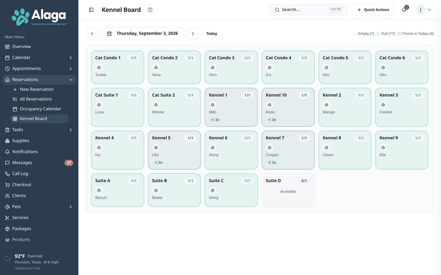Alaga Kennel Board showing room assignments, occupancy, and check-in status for boarding pets