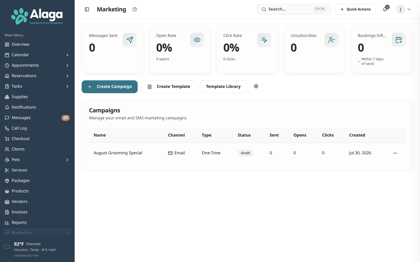 Alaga marketing campaign builder with templates and performance tracking