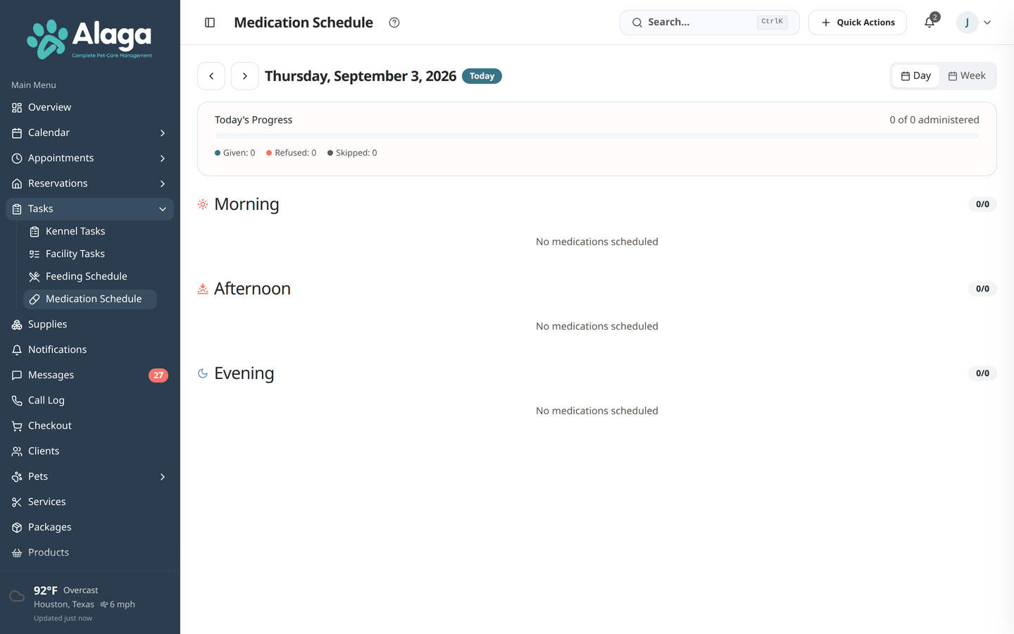 Alaga medication schedule showing daily medication tracking for boarded pets