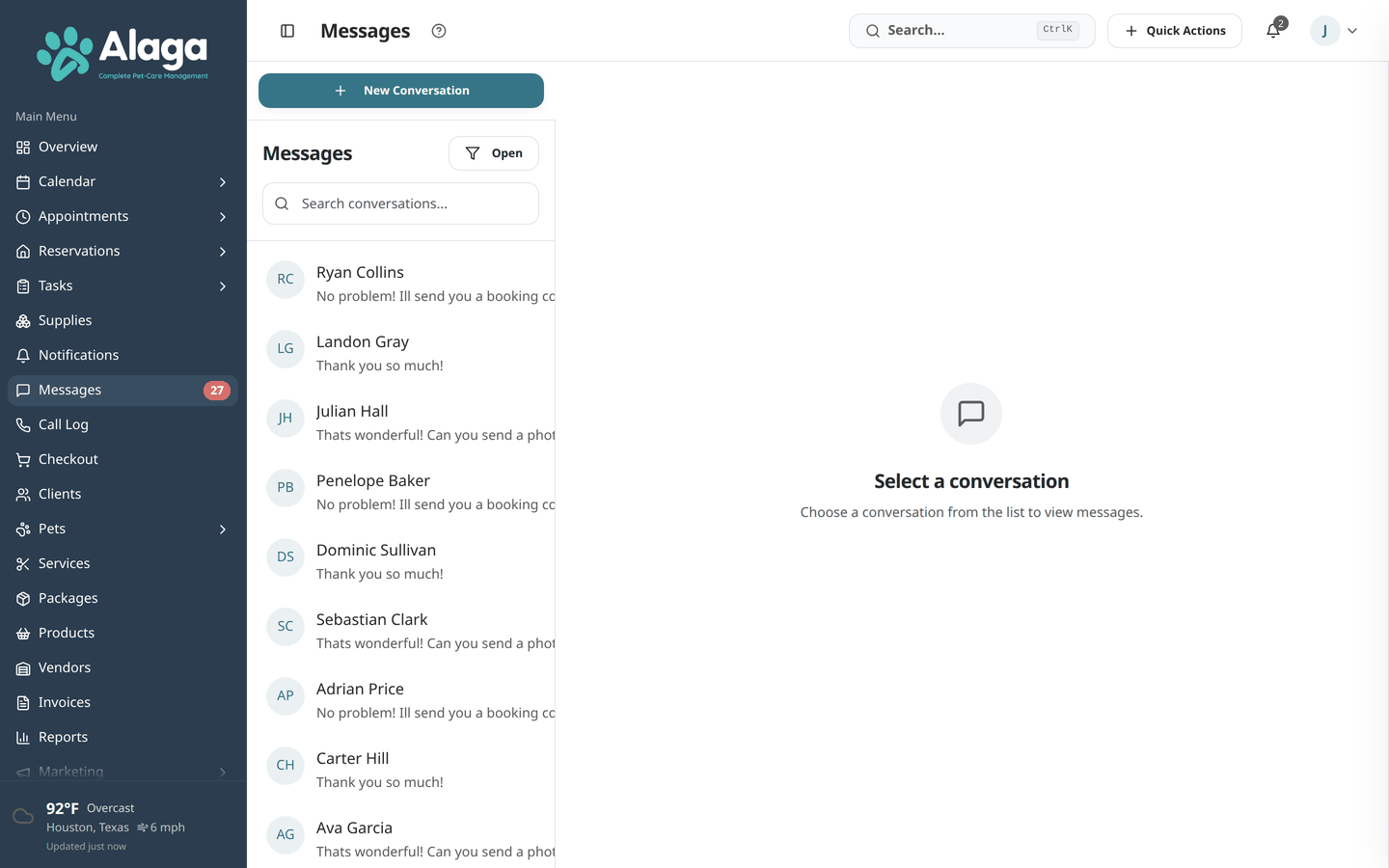 Alaga messages inbox showing client conversations with search and status indicators