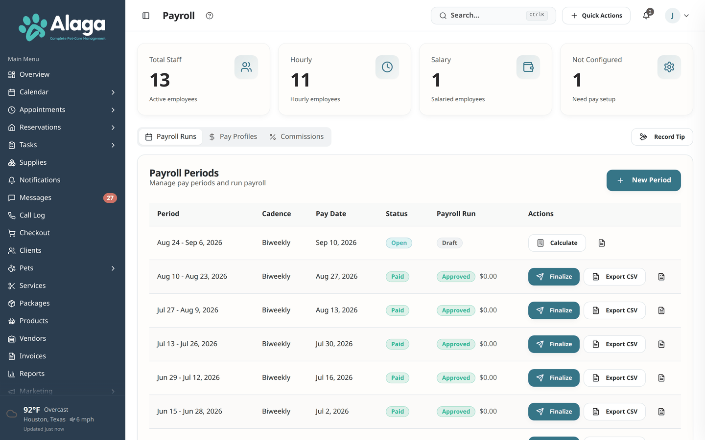 Alaga payroll page showing pay periods and payroll processing