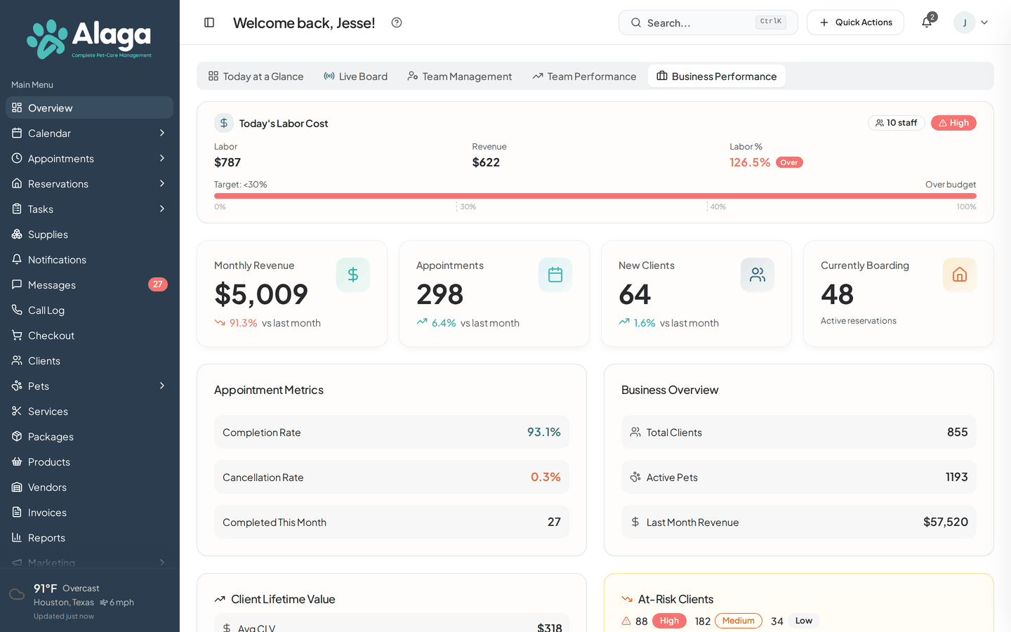 Alaga business performance dashboard with revenue, appointment, and client metric cards