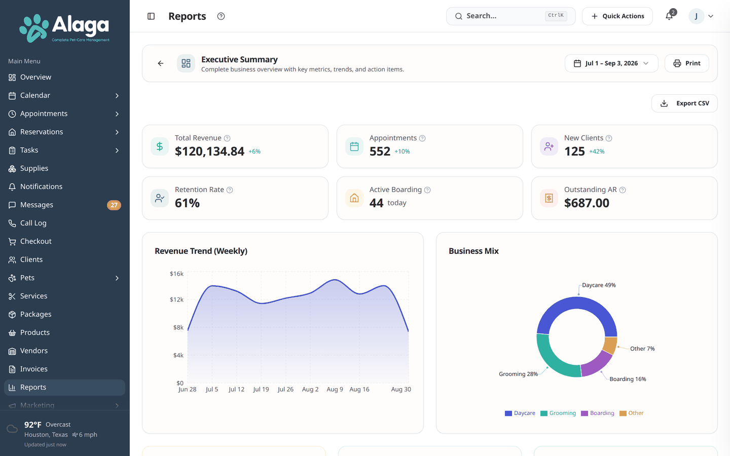 Alaga executive summary report with revenue, retention, and service-mix charts