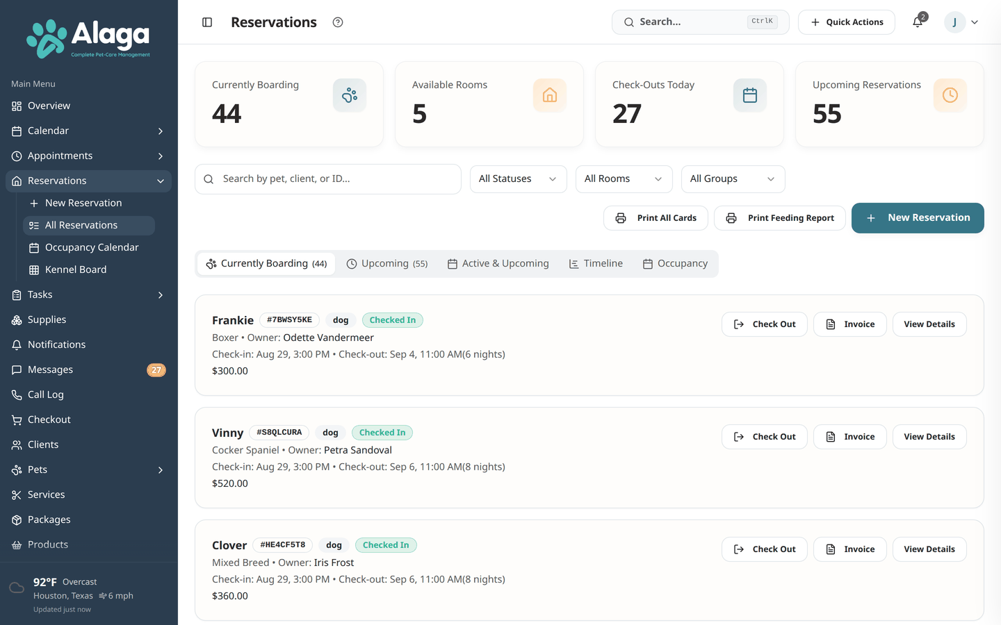 Alaga reservations list showing boarding stays and their status