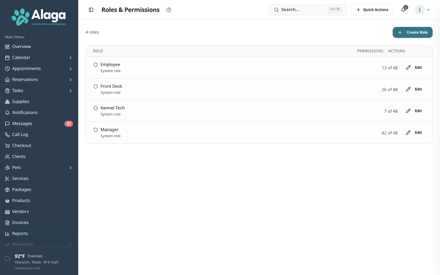 Alaga roles and permissions page showing role-based access control