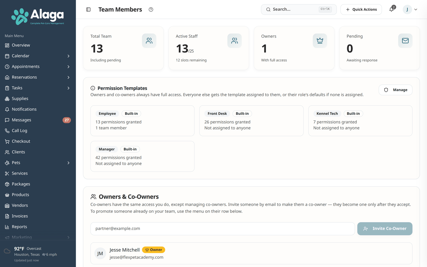 Alaga staff management page showing team overview with roles