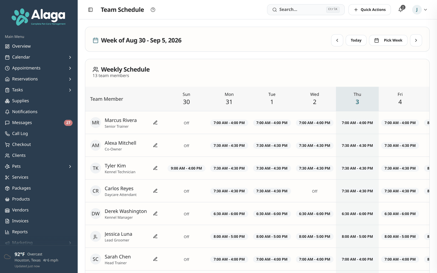 Alaga team schedule showing weekly staff shifts